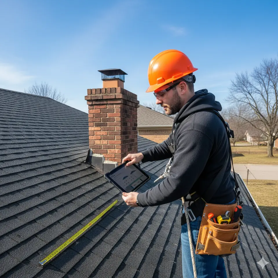 Article illustration of a roofing worker inspecting chimney flashing with a tablet and tape measure