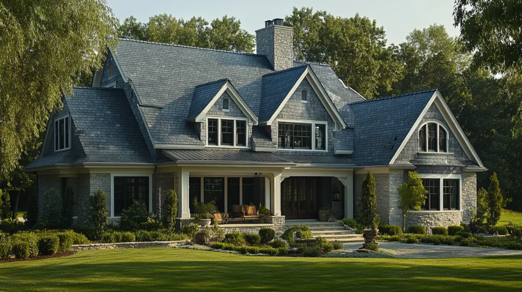 Large residence with a dark slate-colored roof and multiple dormers
