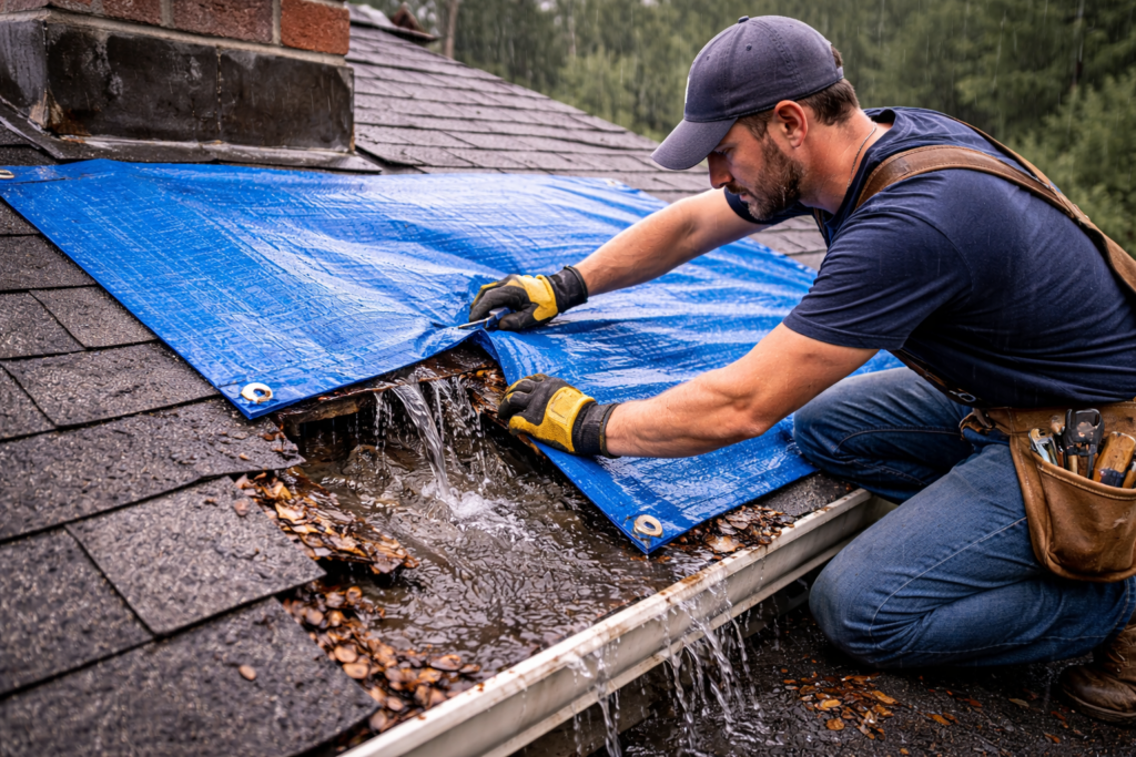 Ceiling water damage from roof leak in Saint Louis home