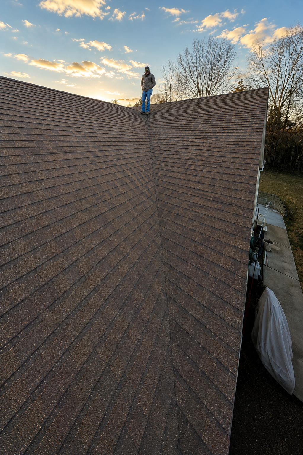 Roof replacement project in Eureka, Missouri with damaged shingles and partial roof tear-off in progress